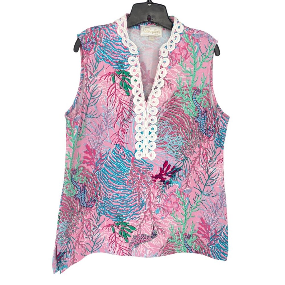 Pappagallo Womens L Sleeveless Tunic Tank Top VNeck Pink Sea Coral Seahorse Reef